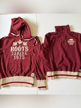 Lot Of 2 Roots Canada Quarter Zip Sweatshirt And Hoodie Women's Sz S Burgundy